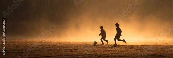 Obraz Silhouetted children playing soccer on a hazy field at sunset with golden light and dramatic sky view