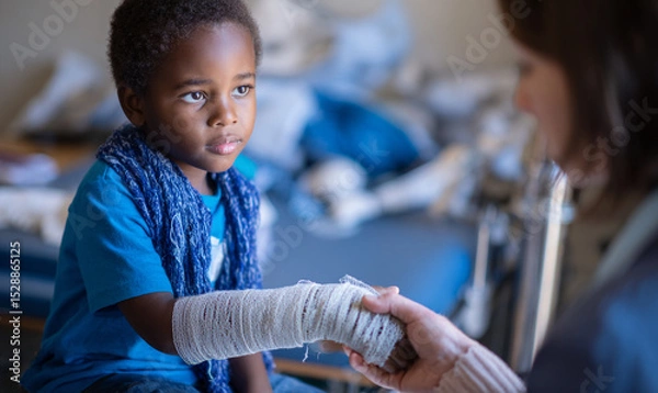 Obraz A young boy with a bandaged arm being examined by a doctor in a hospital setting looking concerned