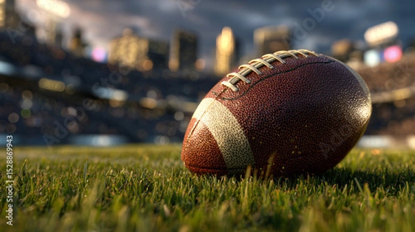 Obraz Close up of an american football on a green field with a stadium and city skyline in the background