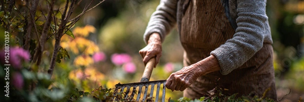 Obraz Close up of elderly person raking leaves in a garden with flowers and greenery in the background