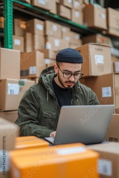 Fototapeta Warehouse worker using laptop managing inventory surrounded by cardboard boxes