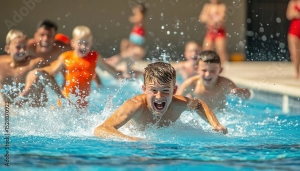 Fototapeta Group of boys racing and splashing in swimming pool