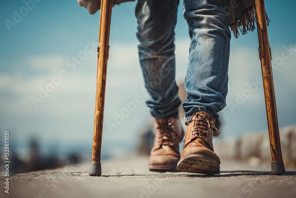 Obraz A person walking with crutches wearing brown boots and jeans on a concrete surface outdoors during the day