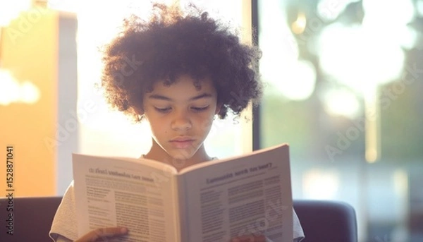 Fototapeta Young student reading a textbook in a classroom with natural light