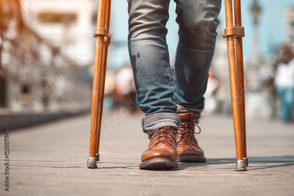 Obraz A person walking with crutches wearing jeans and brown leather boots on a wooden walkway outside city