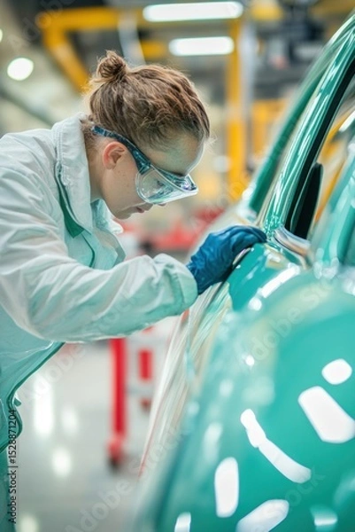 Fototapeta Car factory worker inspecting vehicle body during manufacturing process