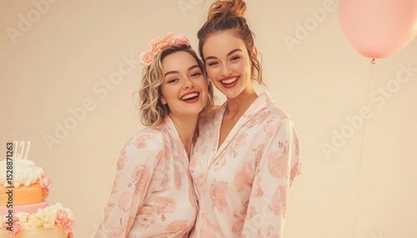 Fototapeta Celebrating friendship with joyful smiles and cake
