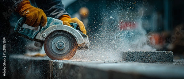 Obraz A worker cutting a concrete block with a circular saw creating sparks and dust in an industrial setting
