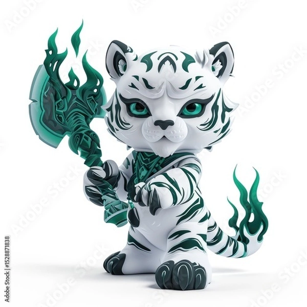 Fototapeta 3D Cute White Tiger Cub Wields a Flaming Axe On White Background