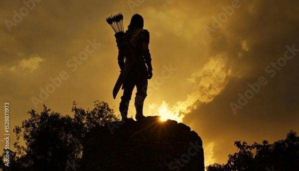 Fototapeta Medieval archer silhouette standing on tower at sunset with bow and arrows