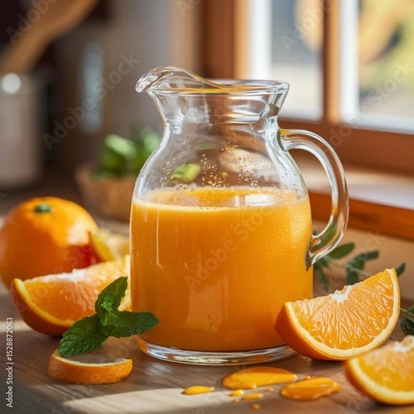 Obraz Fresh Orange Juice in a Glass Pitcher with Mint and Oranges on a Rustic Kitchen Table