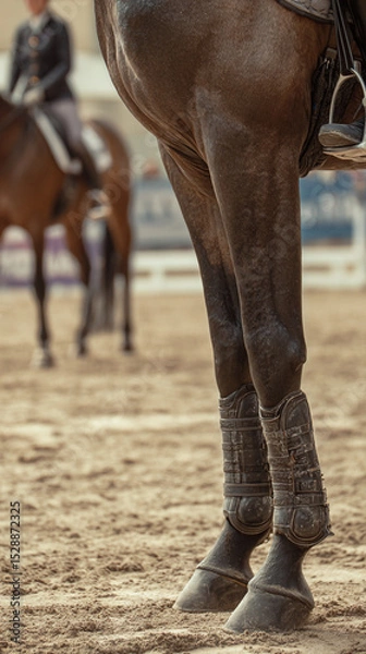 Obraz A close up of a horse's legs with protective gear and a rider in the background on another horse