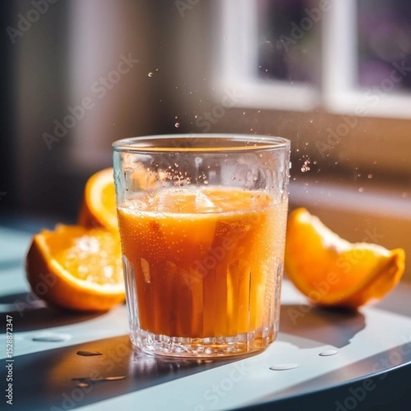 Obraz Glass of Fresh Orange Juice with Whole Orange and Mint on Table