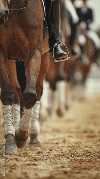 Obraz A close up shot of horses legs and riders feet in stirrups during an equestrian event or practice ride