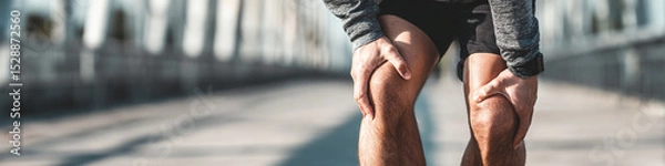Obraz Man holding his knees in pain on a bridge after exercising or running outdoors in the sunlight