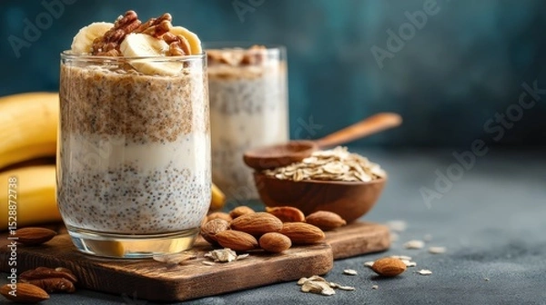 Obraz Two Glasses of Chia Seed Pudding Topped with Banana Slices and Nuts