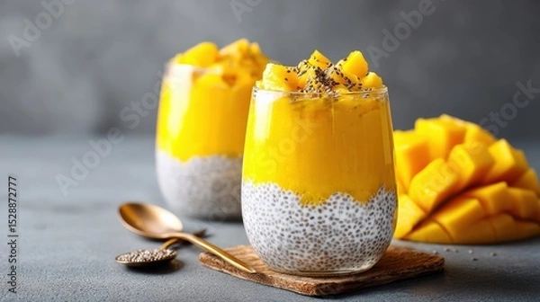 Obraz Mango pudding with chia seeds and fresh mango topping served in glass