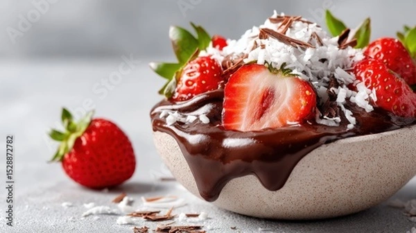 Obraz Delicious Strawberries with Chocolate, Coconut and a Slice in a Bowl