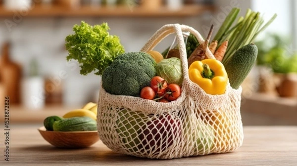 Obraz Net Bag Overflowing with Fresh Vegetables and Fruit on Wooden Table