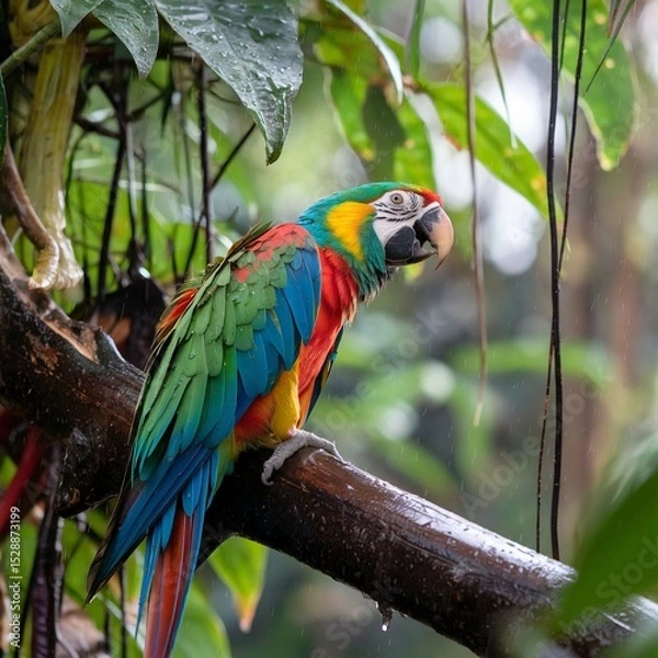 Fototapeta Colorful Macaw Parrot Perched on a Branch in Tropical Jungle Setting

