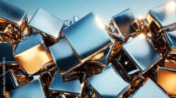 Fototapeta An artistic close-up of gleaming metallic cubes reflects light dynamically, creating an abstract composition that plays with perspective, texture, and modern aesthetics.