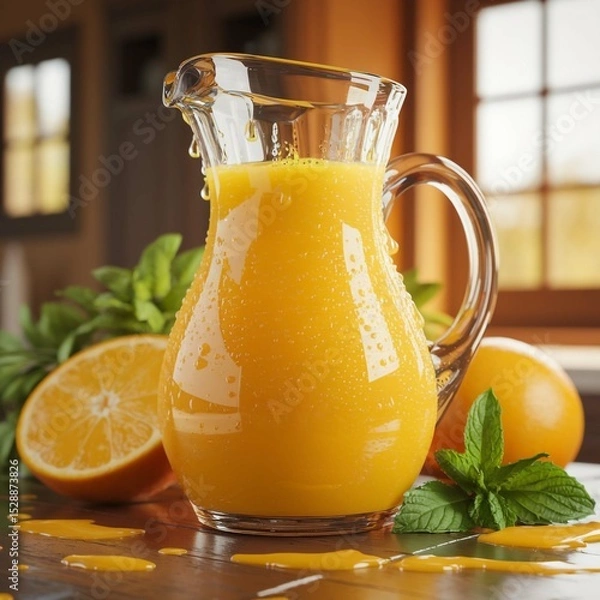 Fototapeta Fresh Orange Juice in a Glass Pitcher with Mint and Oranges on a Rustic Kitchen Table