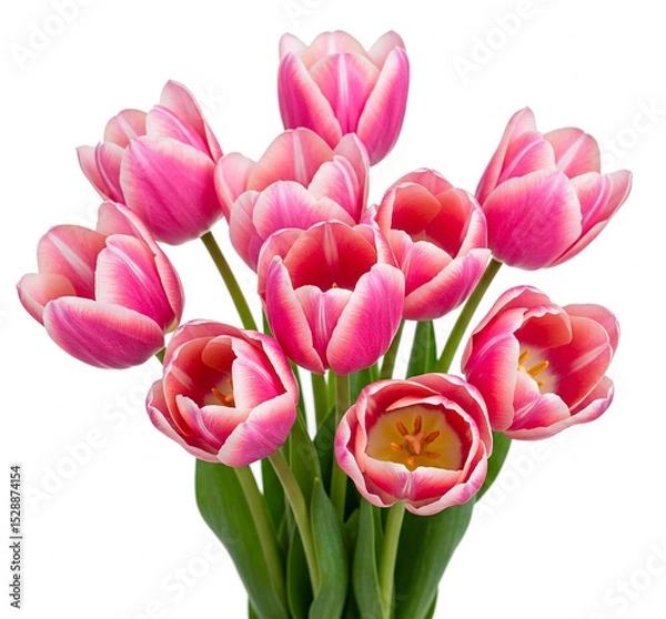 Fototapeta Tulip Bouquet, Spring Flowers on Transparent background. Tulips with lush green leaves arranged in a vibrant display for decoration. Greeting and good wishes on social media.