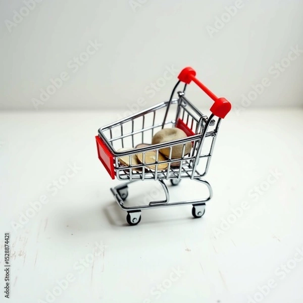 Obraz Miniature Shopping Cart with Red Accents on White Background Representing Online Shopping and Retail Concept