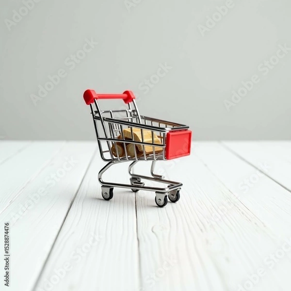 Obraz Miniature Shopping Cart with Red Accents on White Background Representing Online Shopping and Retail Concept