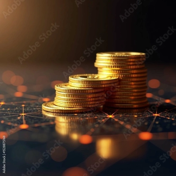 Fototapeta Stacks of Golden Coins on a Digital Network Background Representing Cryptocurrency and Financial Growth