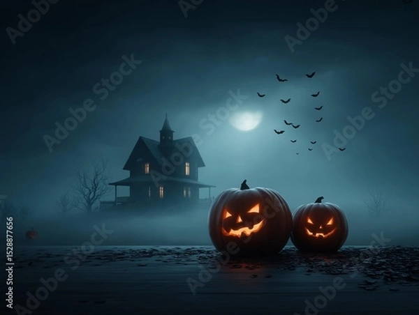 Fototapeta Two carved pumpkins with glowing faces sit on a dark wooden surface, surrounded by fallen leaves, with a haunted house and full moon in the eerie background