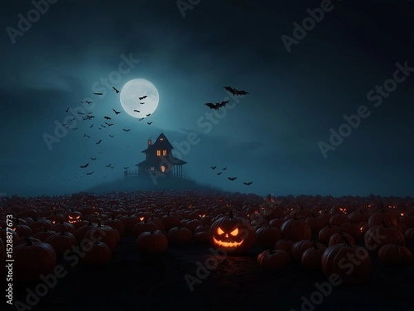 Fototapeta Spooky Halloween scene featuring a haunted house surrounded by glowing jack-o'-lanterns under a full moon with bats flying in a dark, atmospheric landscape