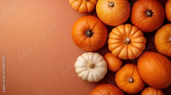 Fototapeta An array of pumpkins in various shapes, sizes, and shades of orange, accompanied by a single white pumpkin, providing a rich visual for autumn and seasonal themes.