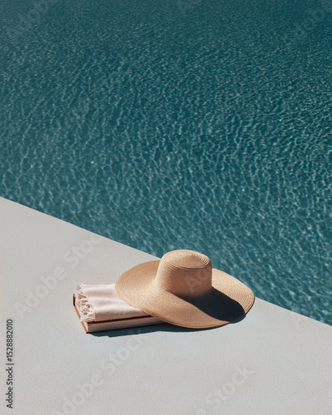 Fototapeta Straw hat and towel by the poolside on a sunny summer day