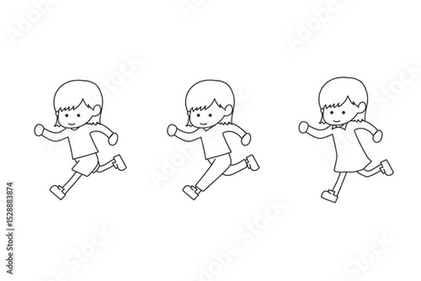 Fototapeta 走る少女　ボブ　子供　イラスト　線画