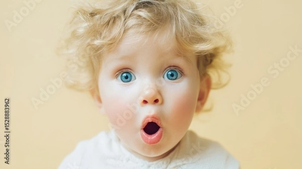 Fototapeta The adorable baby with curly hair expressing amazement and surprise.