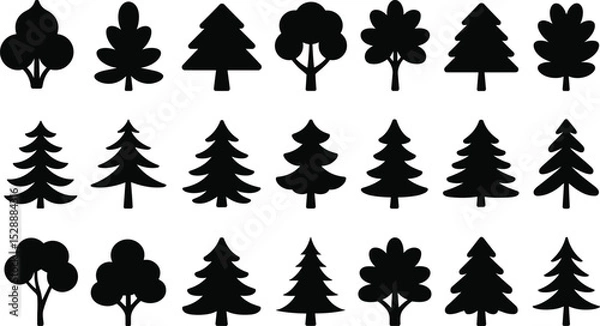 Fototapeta Tree silhouette icon collection, forest and pine tree vector set, nature foliage design bundle, simple black isolated tree shapes