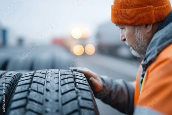 Fototapeta Inspecting tire tread, an experienced worker ensures safety and