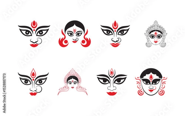 Fototapeta A vector collection of various artistic depictions of the Indian goddess Durga faces, featuring traditional motifs. symbolizes divine power, spirituality, and cultural heritage in a stylized form.
