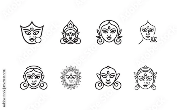 Fototapeta Vector illustrations feature a collection of stylized female deity faces with intricate details, representing the cultural and spiritual significance found in traditional artwork and iconography.
