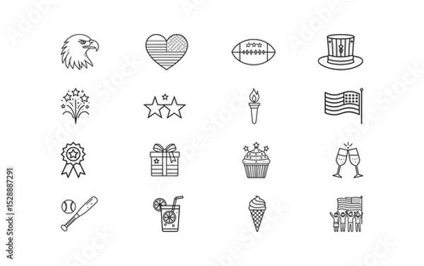 Fototapeta Collection of line-style icons representing patriotic and festive themes, including symbols like the eagle, American flag, fireworks, torch, gift box, hat, perfect for use in design projects