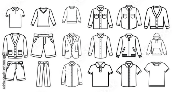 Obraz Line Art Illustration of a Clothing Assortment Including Shirts, Pants, Jacket, and More