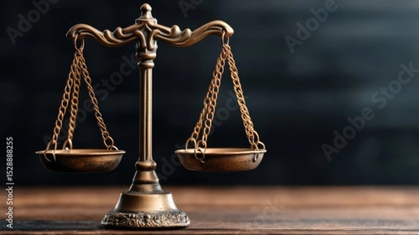 Fototapeta Classic vintage brass balance scale with empty plates on dark wooden surface for justice and fairness symbolism
