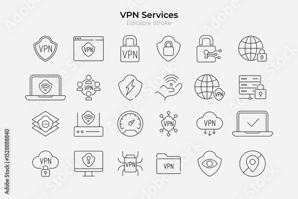 Fototapeta VPN services icons set. Editable stroke. Security, internet privacy, data protection, and encryption symbols. Vector outline illustrations for VPN providers.