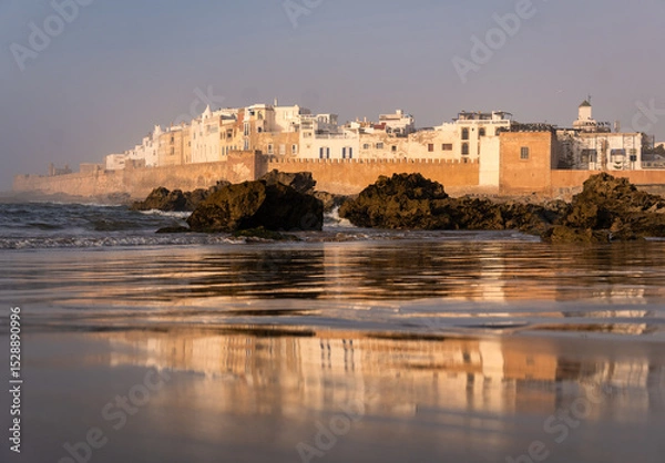 Fototapeta Essaouira, Morocco: Dramatic reflection of the famous ancient fortified walls of the Mogador old town in an atlantic ocean beach in Essaouira, Morocco