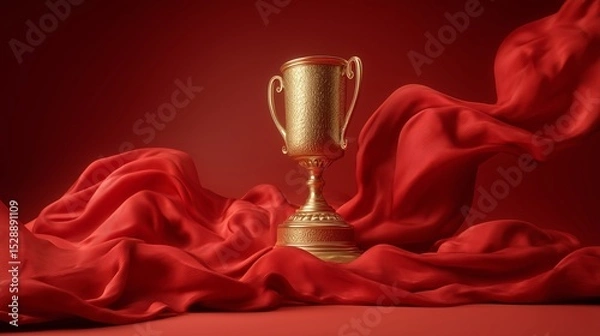 Fototapeta Golden Trophy with Flowing Red Fabric