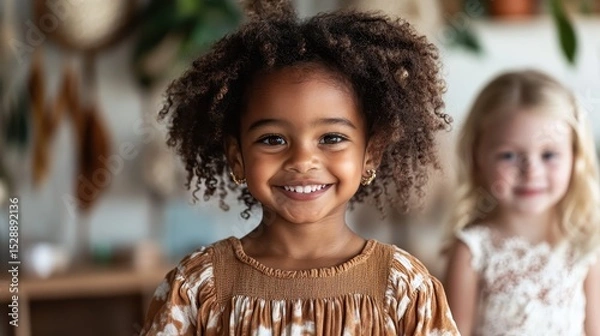 Fototapeta A young girl with beautiful curly hair smiles brightly at the camera, capturing innocence and joy, while another child playfully stands in the background of the warm setting.
