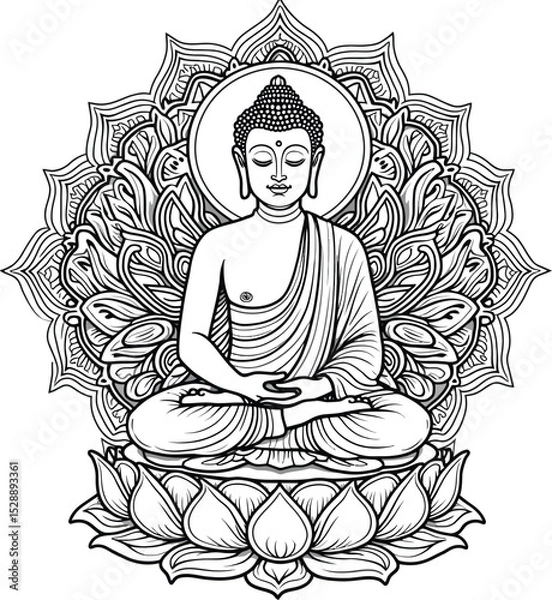 Fototapeta Buddha in Meditation with Lotus Mandala Background: Serene Black and White Line Art.