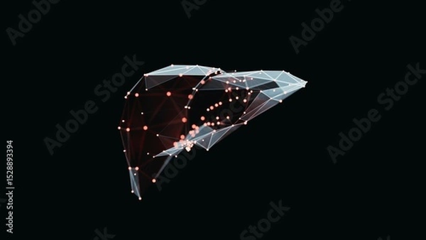 Obraz 3d render of a vibrant, low-poly liver over dark background. Liver wireframe made of light points. 3d illustration