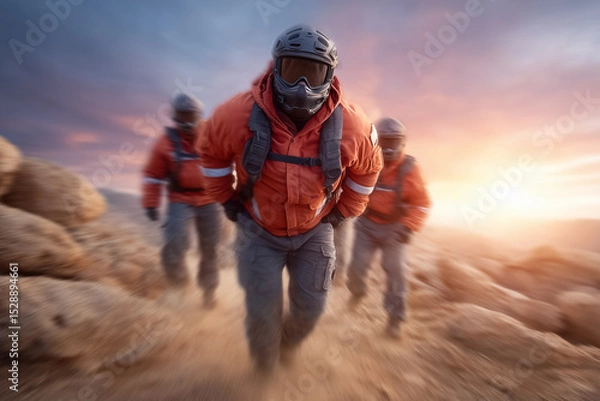 Obraz Mountain rescue team carries injured hiker on stretcher through rugged terrain in soft morning light. Focus on teamwork and determination among rescuers